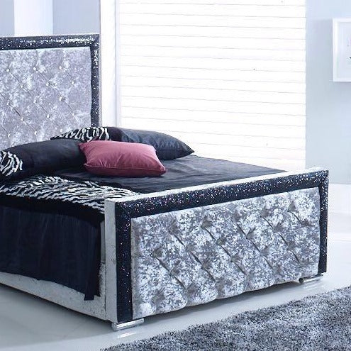 Elegant King Size Bed in Crushed Velvet Silver & Black