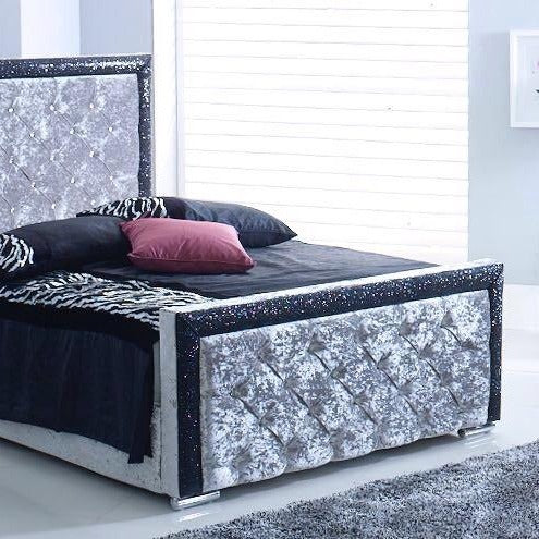 Elegant Double Bed in Crushed Velvet Silver & Black