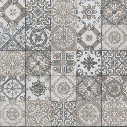 Patterned tiles with decorative designs in shades of gray and beige.