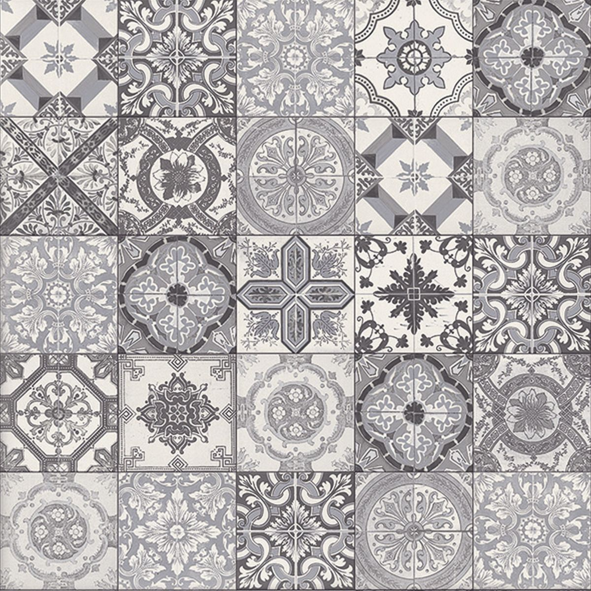 Patterned tiles in gray and white with decorative designs