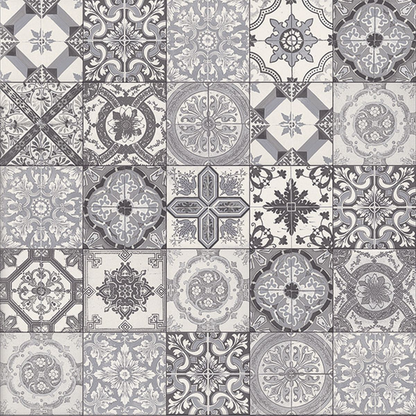 Patterned tiles in gray and white with decorative designs