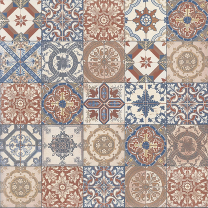 Patterned tile design with a mix of geometric and floral shapes in earthy tones.