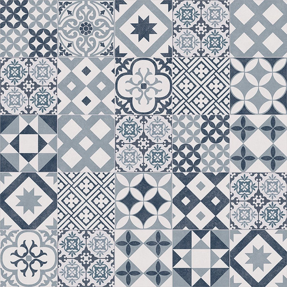Patterned tiles in blue and gray with various geometric designs.