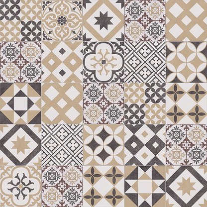 Patterned tiles in beige, brown, and white