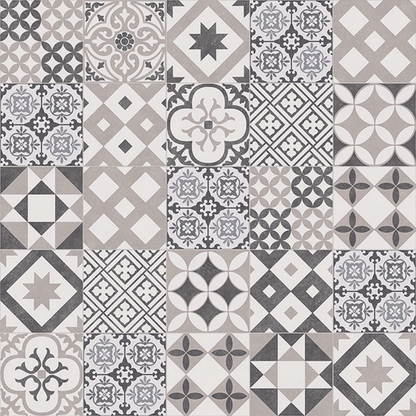 Patterned tiles in gray and white with various geometric designs.