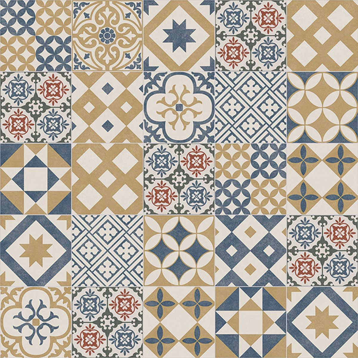 Patterned tiles in blue, beige, and red on a white background