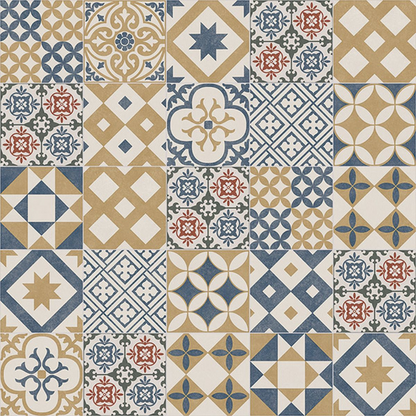 Patterned tiles in blue, beige, and red on a white background