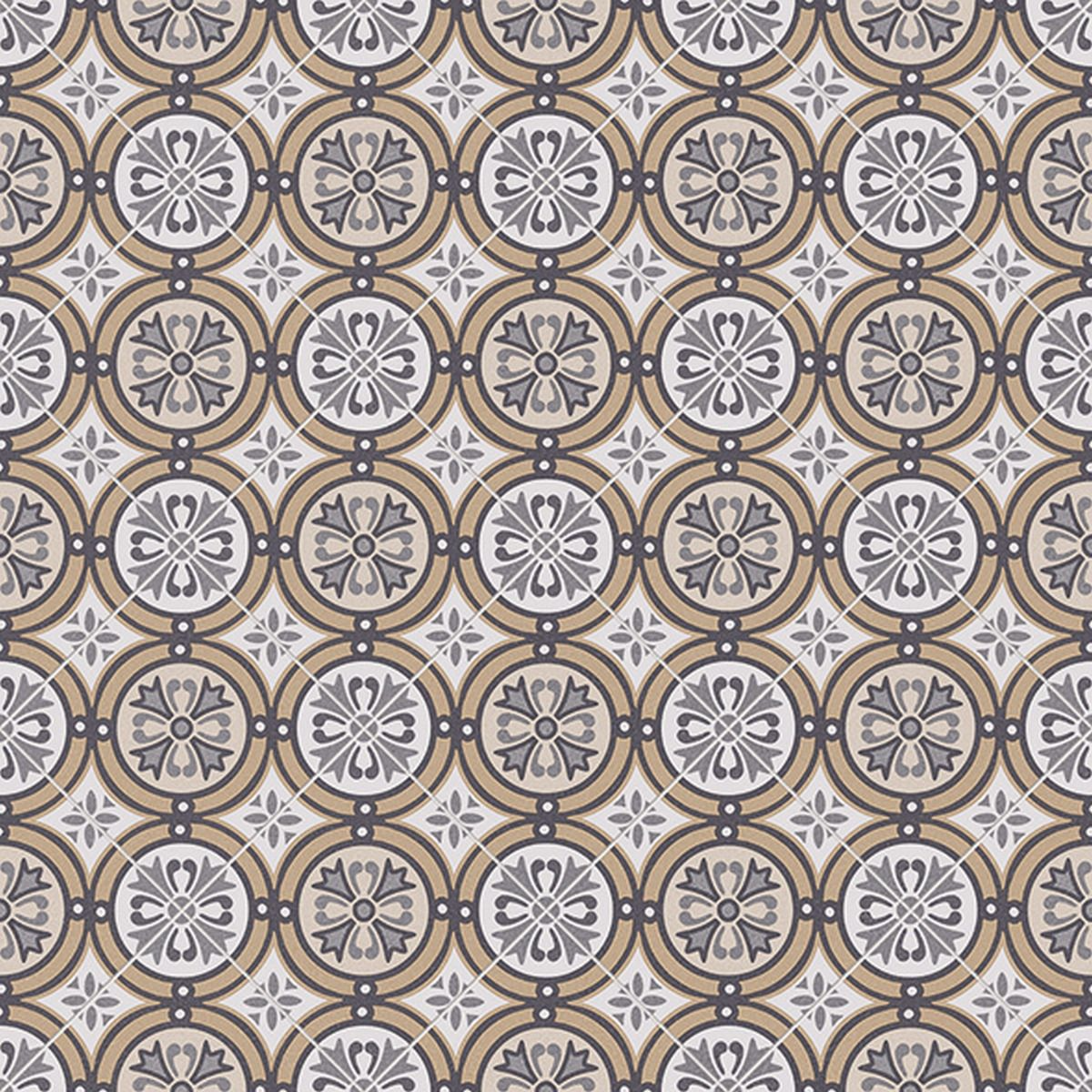 Patterned tile design with circular and floral elements in brown, gray, and white.