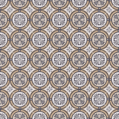Patterned tile design with circular and floral elements in brown, gray, and white.