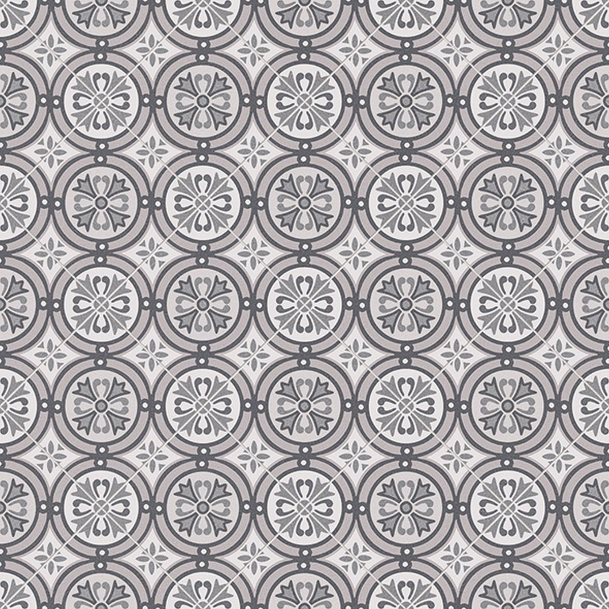 Patterned tile design with circular and floral elements on a gray background