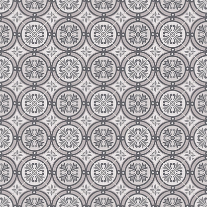 Patterned tile design with circular and floral elements on a gray background
