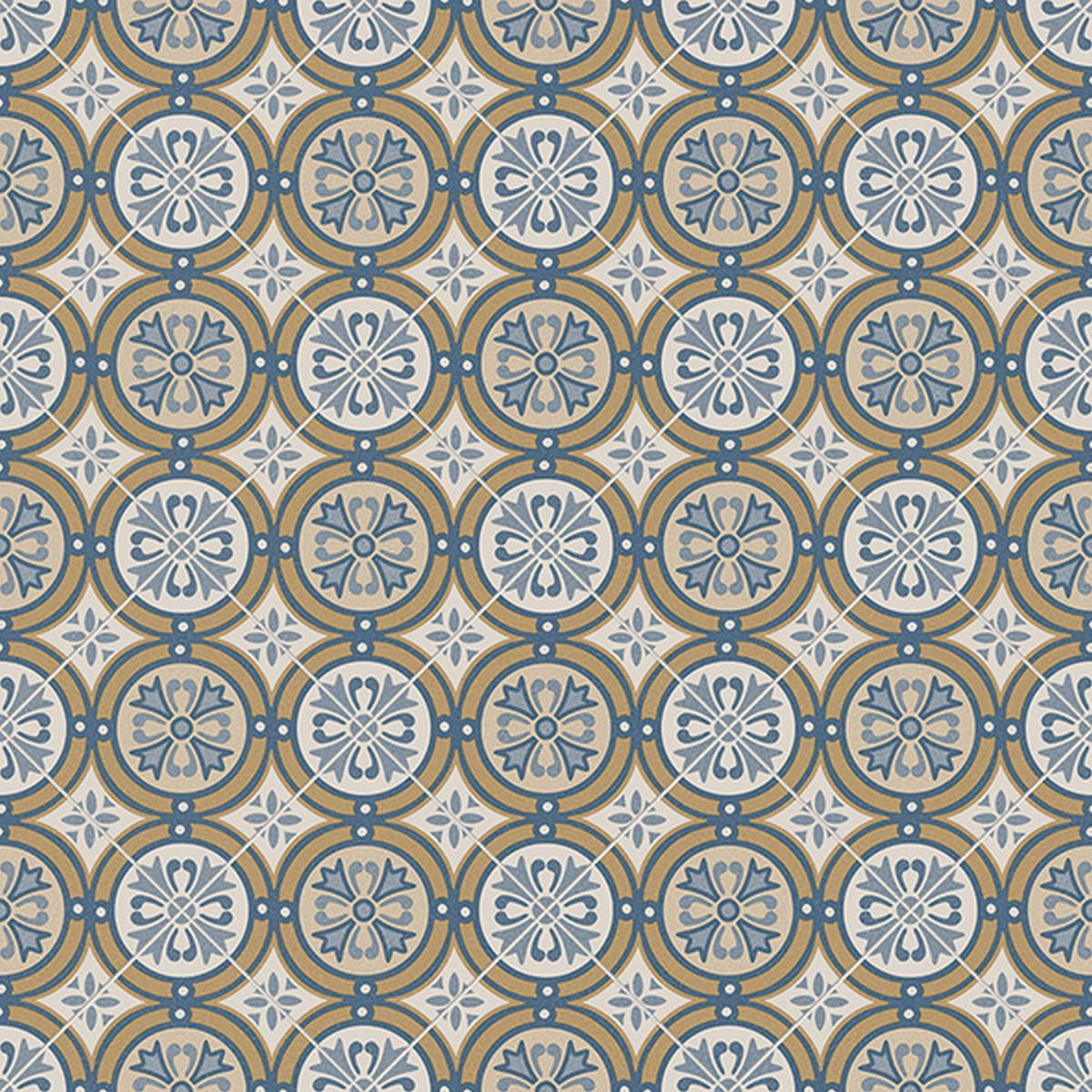 Patterned tile design with circular motifs in blue, gold, and white.