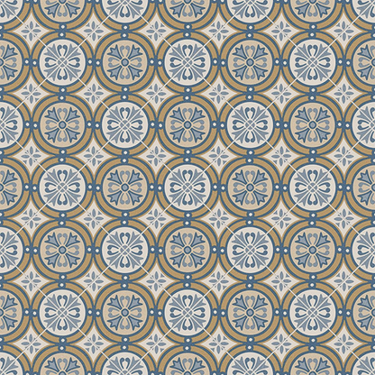 Patterned tile design with circular motifs in blue, gold, and white.