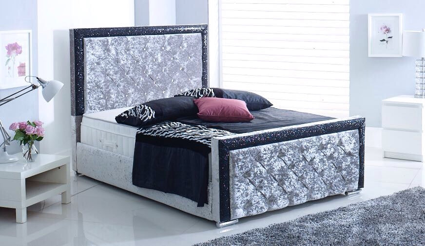 Elegant King Size Bed in Crushed Velvet Silver & Black