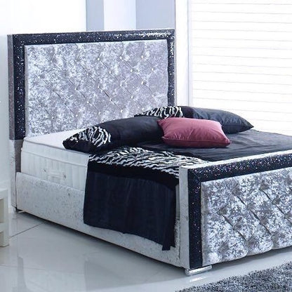 Elegant Small Double Bed in Crushed Velvet Silver & Black