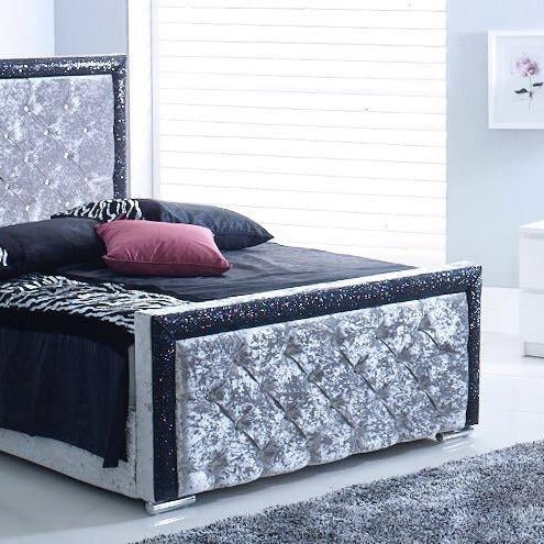 Elegant Small Double Bed in Crushed Velvet Silver & Black