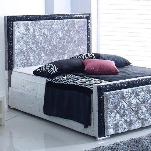 Elegant Double Bed in Crushed Velvet Silver & Black