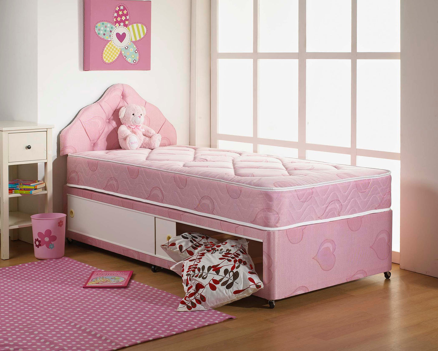 Pink Hearts Sliding Storage Divan Bed With Headboard